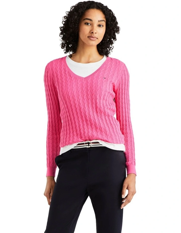 Classic Cable V-Neck Sweater in Pink