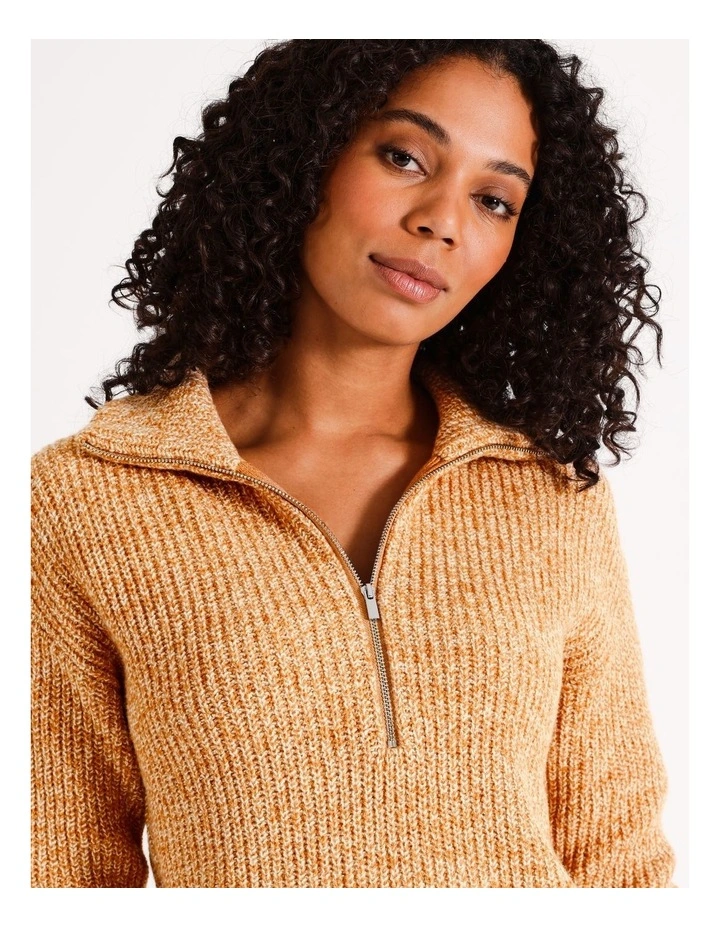 Wool Blend Twist Yarn Zip Neck Jumper in Taupe