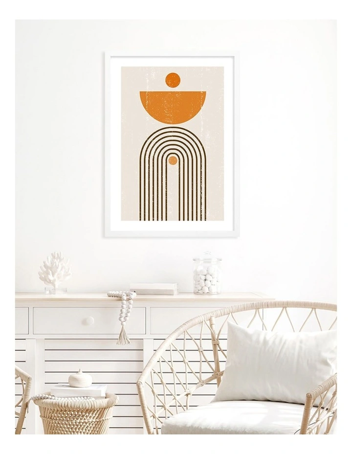 Australian Made Orange Boho Sun Arch Art Print A2 in White Frame