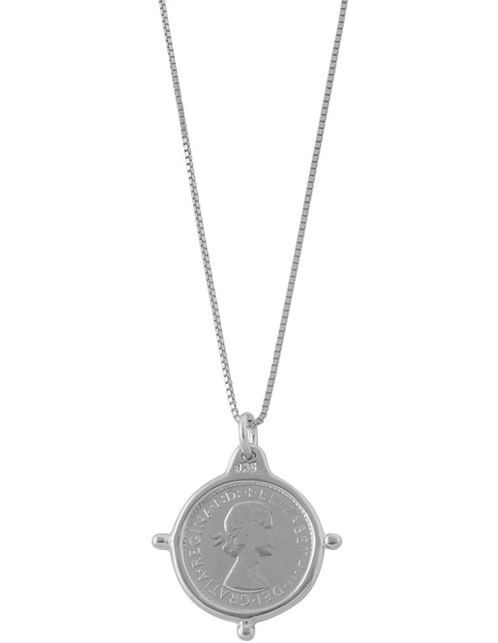 Fine Box Chain Compass Frame Threepence Silver Necklace
