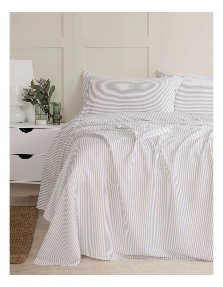 Luxury Striped Linen Blend Queen Sheet Set in Grey