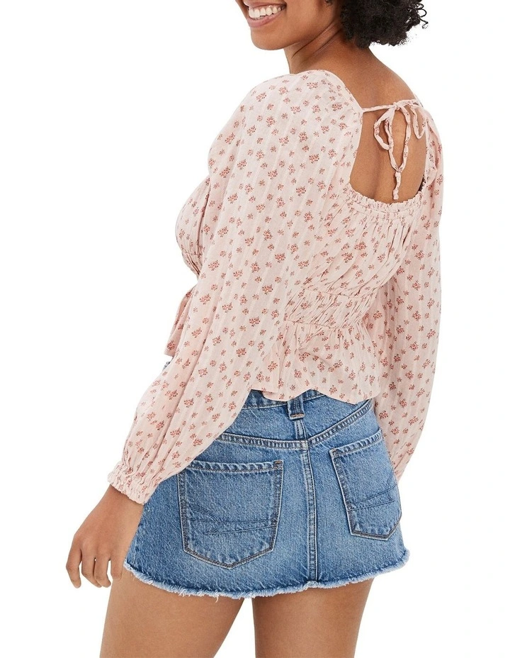 Puff-Sleeve Ruched Top in Ballet Pink