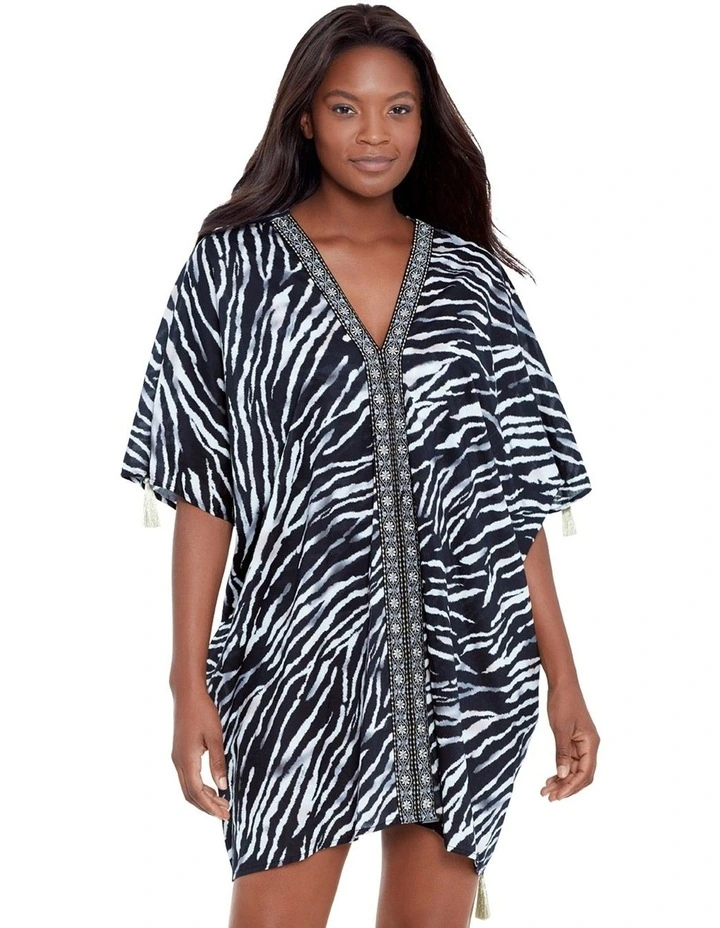 Tigre Sombre Printed Cotton Caftan Beach Coverup in Black/White
