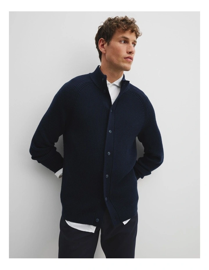 Australian Wool Rib Button-through Knit in Navy
