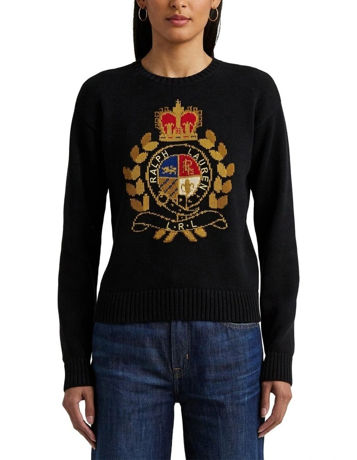 Intarsia-Knit Crest Cotton-Blend Sweater in Black