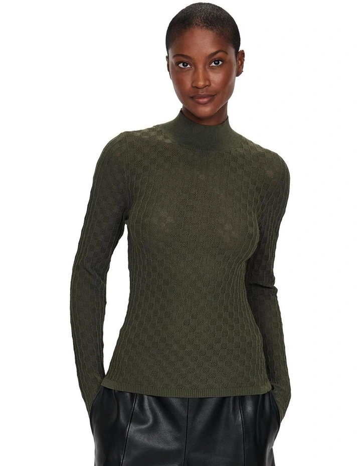 Semi Sheer Textured Funnel Neck Knit in Olive Green