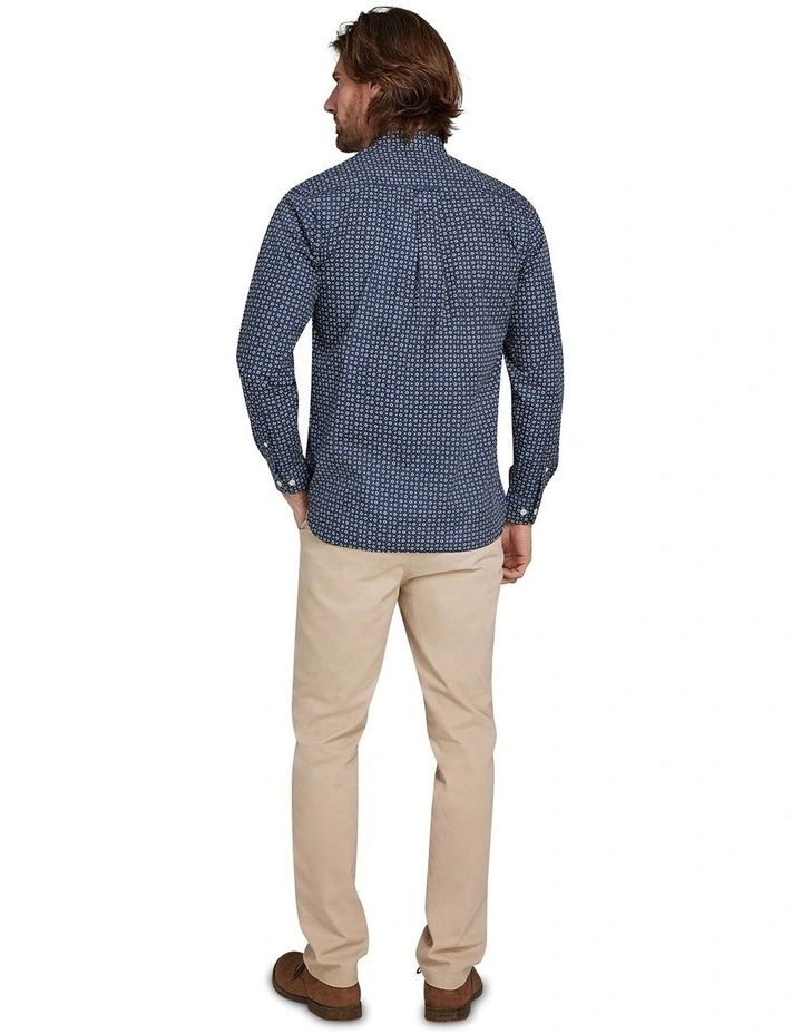 Hex Geo Pattern Poplin Long Sleeve Shirt in Navy