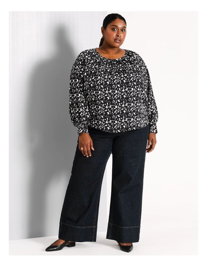 Recycled Poly Blend Gathered Neck Top in Blue/White