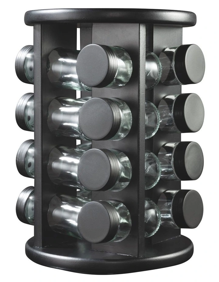 16 Piece Spice Jar Set with Rotating Carousel Rack in Black