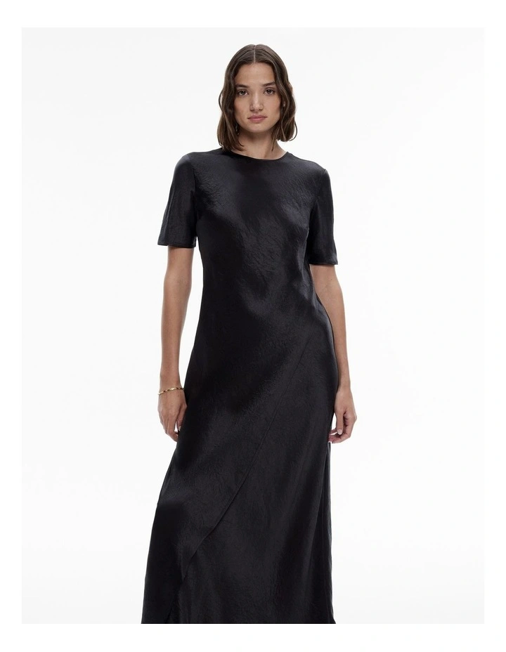 Acetate Short Sleeve Slip Dress in Black