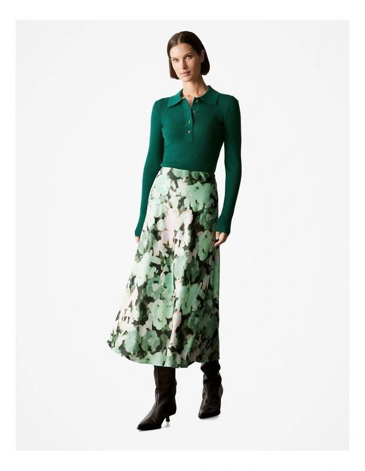 Satin Blurred Floral Bias Skirt in Dark Green