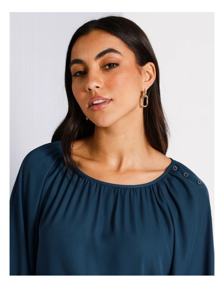 Recycled Poly Blend Gathered Neck Top in Airforce