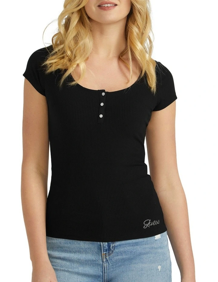 Essential Short Sleeve Karlee Jewel Button Henley T-shirt in Black