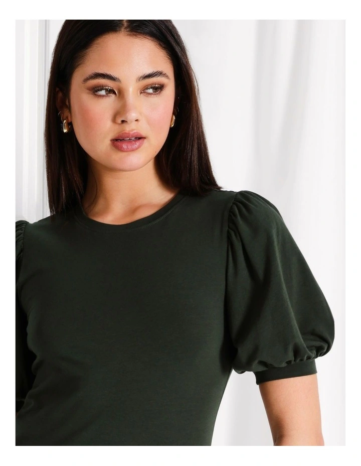 Puff Sleeve Organic Cotton Blend Tee in Dark Green