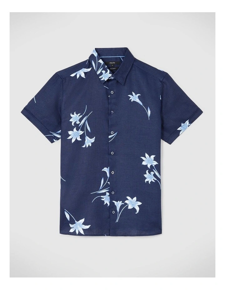 Printed Floral Linen Shirt in Navy/White