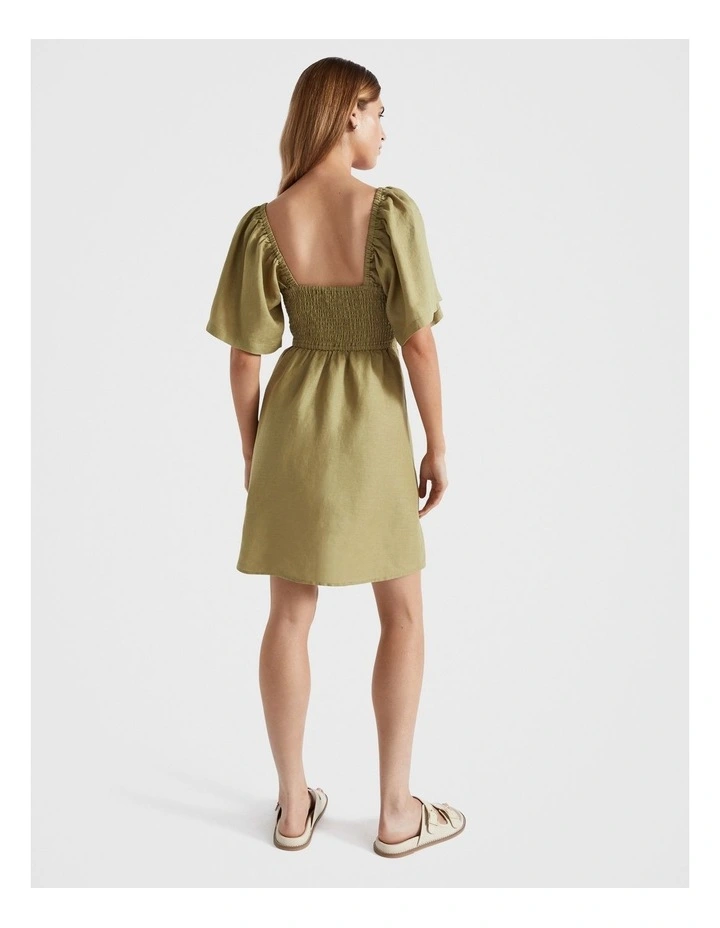 Linen Square Neck Mini Dress in Pistachio
