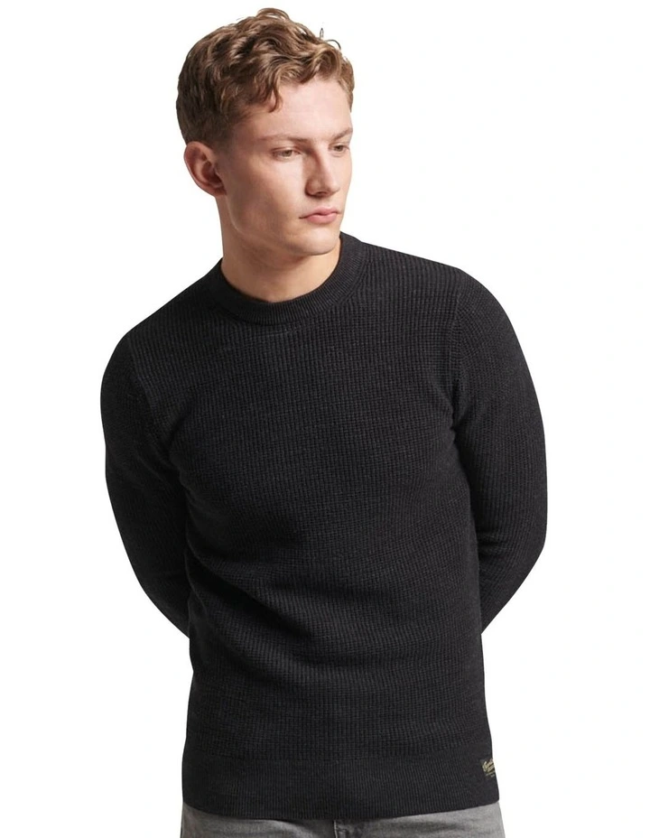 Textured Crew Knit Jumper in Raven Black Heather