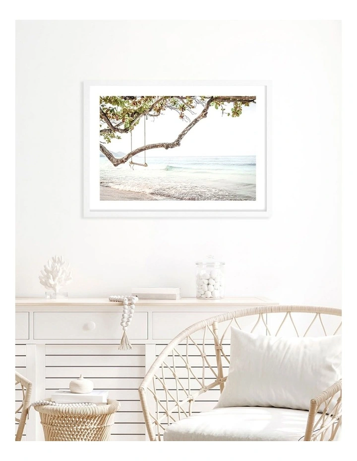 Australian Made Beach Swing Dreams Art Print A3 in White Frame