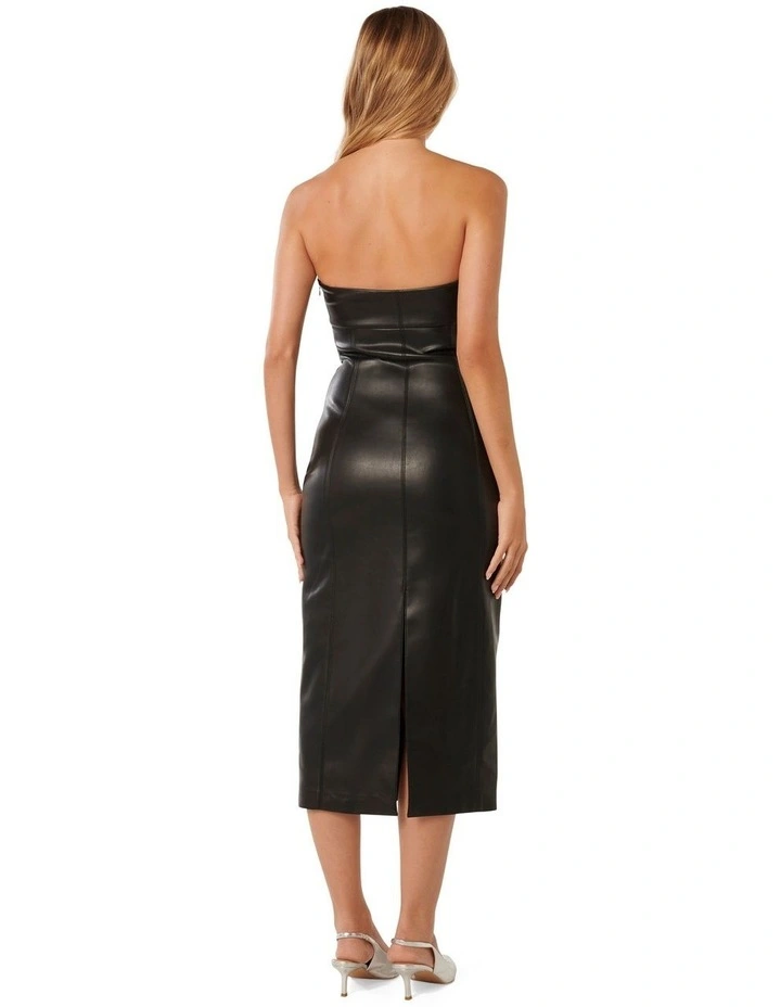 Sabrina PU Strapless Midi Dress in Black