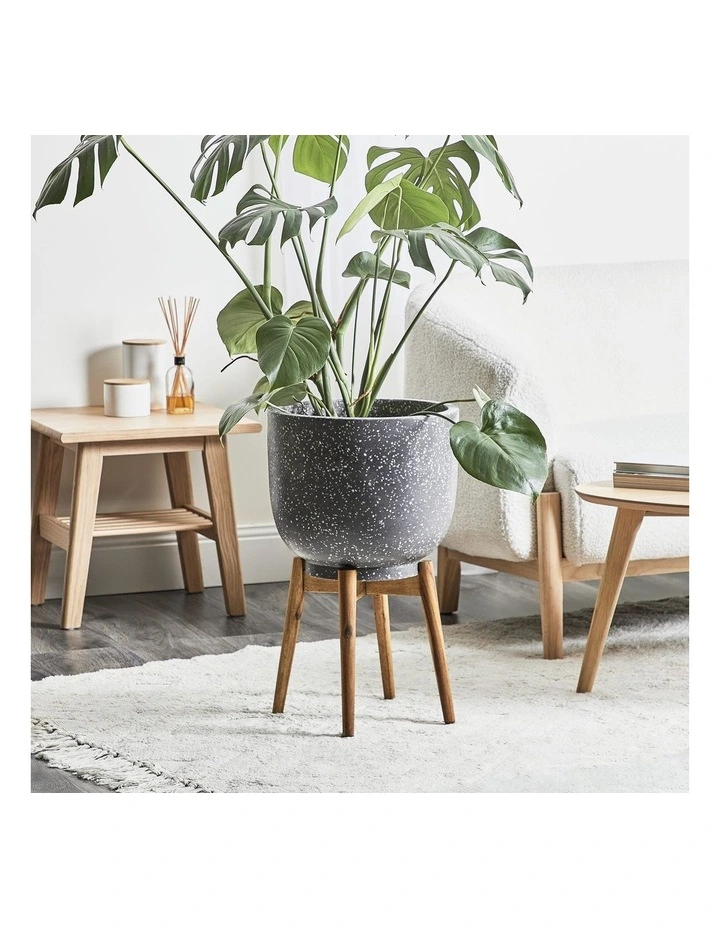 Terrazzo Pot On Acacia Wood Stand 58cm in Grey