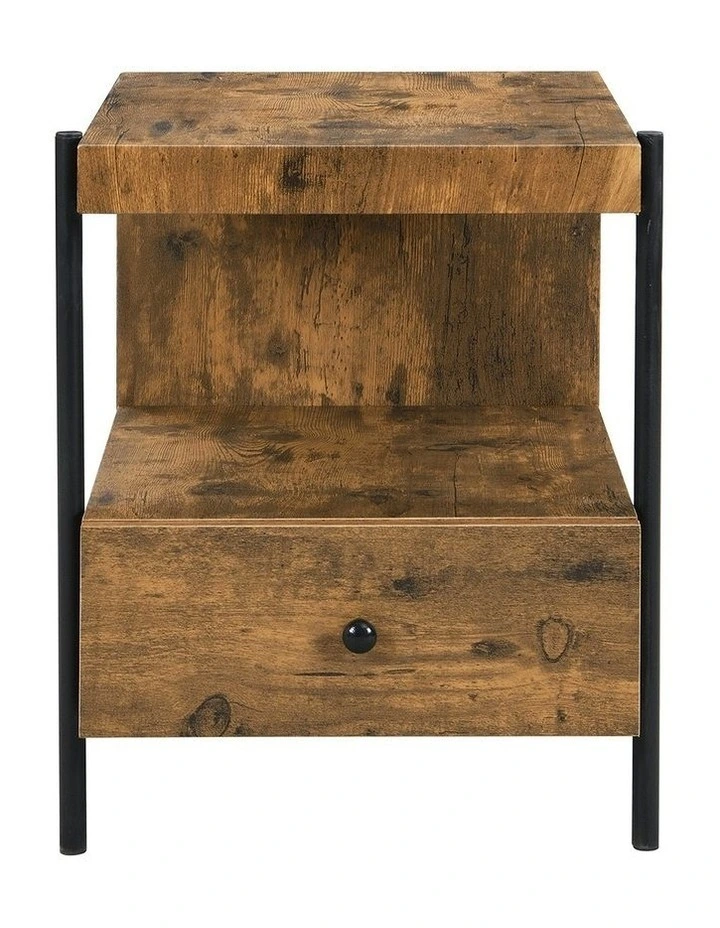 Retro Metal Tube and Wood Side Table with Drawer in Rustic Dark Brown