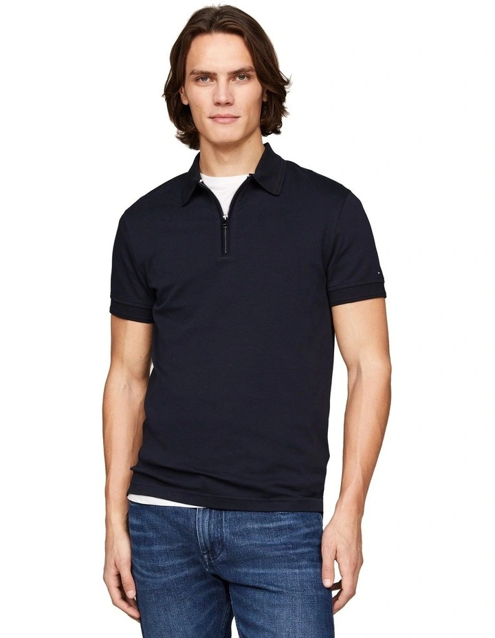 Dressed Casual Interlock Zip Slim Polo Shirt in Navy