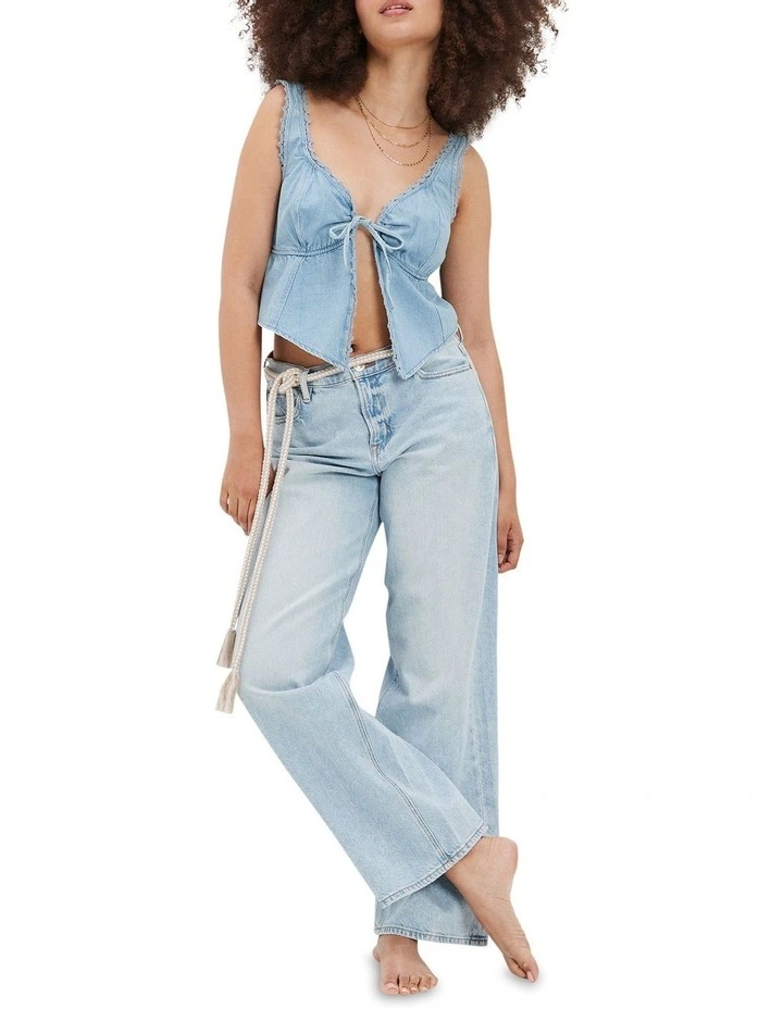 Tie-Front Corset Denim Tank Top in Ecru Denim