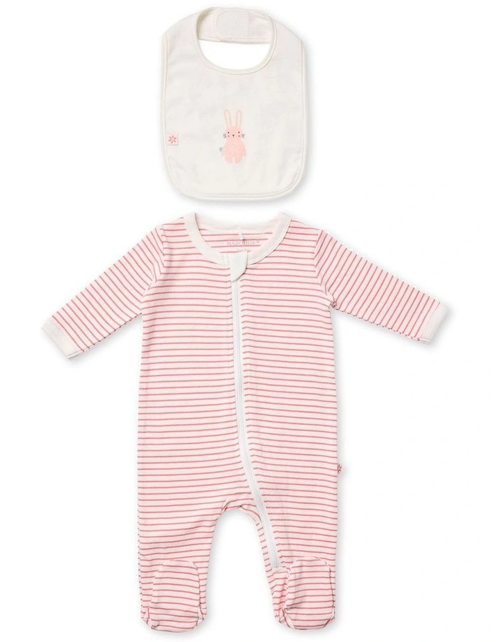 Zip Growsuit and Bib 2 Piece Set in Bunny Striped
