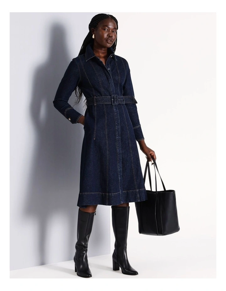 Recycled Cotton Denim Midi Shirt Dress in Indigo