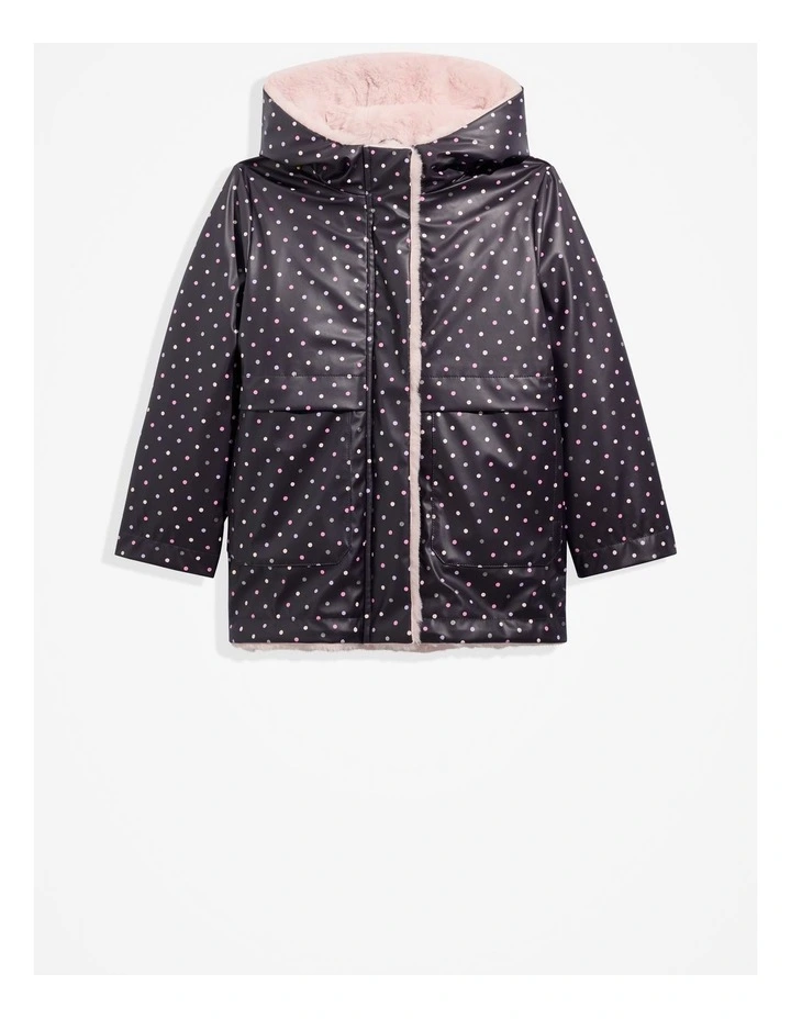 Recycled Polyester Fur Trim Raincoat in Multi Spot Black
