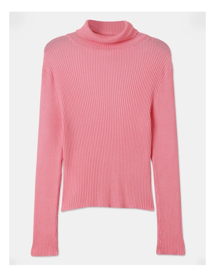 Long Sleeve Knitted Rib Roll Neck Top in Light Pink