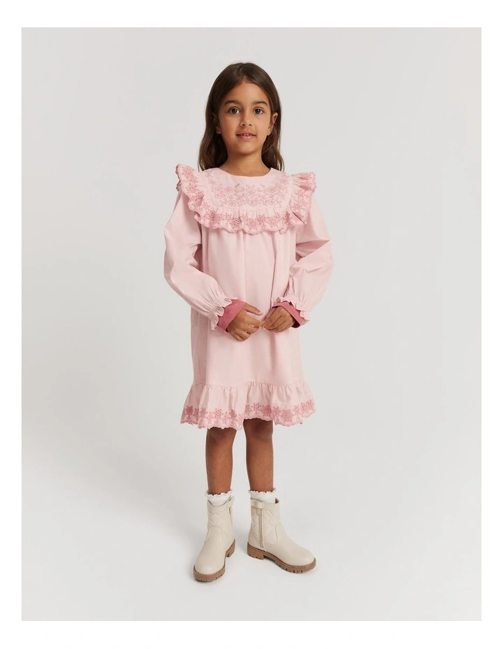 Organically Grown Cotton Embroidered Frill Dress in Mineral Pink