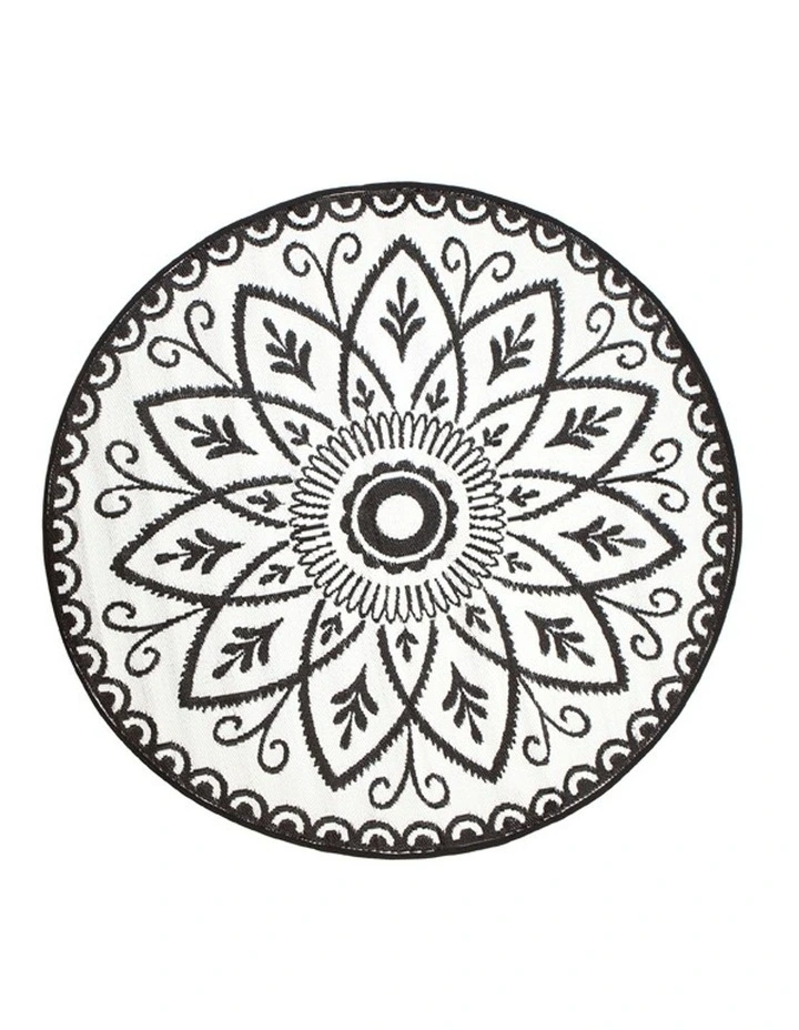 180cm Benaras Black and White Round Recycled Plastic Outdoor Rug and Mat