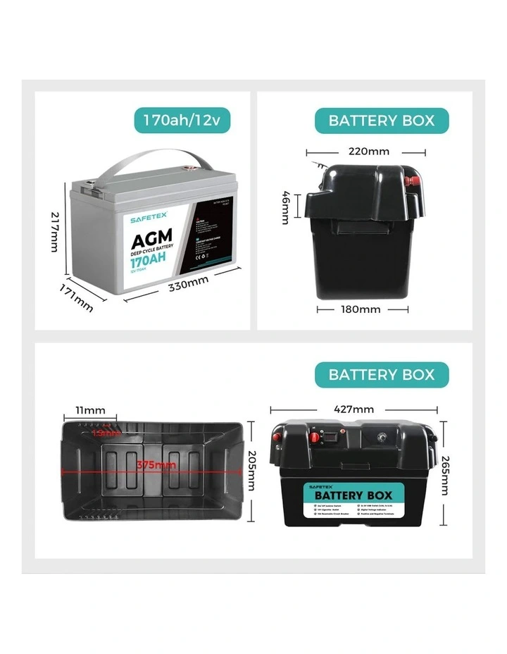 12V 170Ah AGM 4WD Deep Cycle Battery with Strap Battery Box