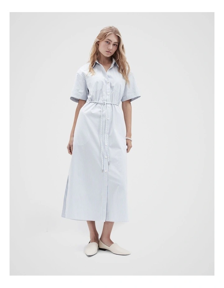 Cotton Shirt Maxi Dress in Soft Blue Stripe