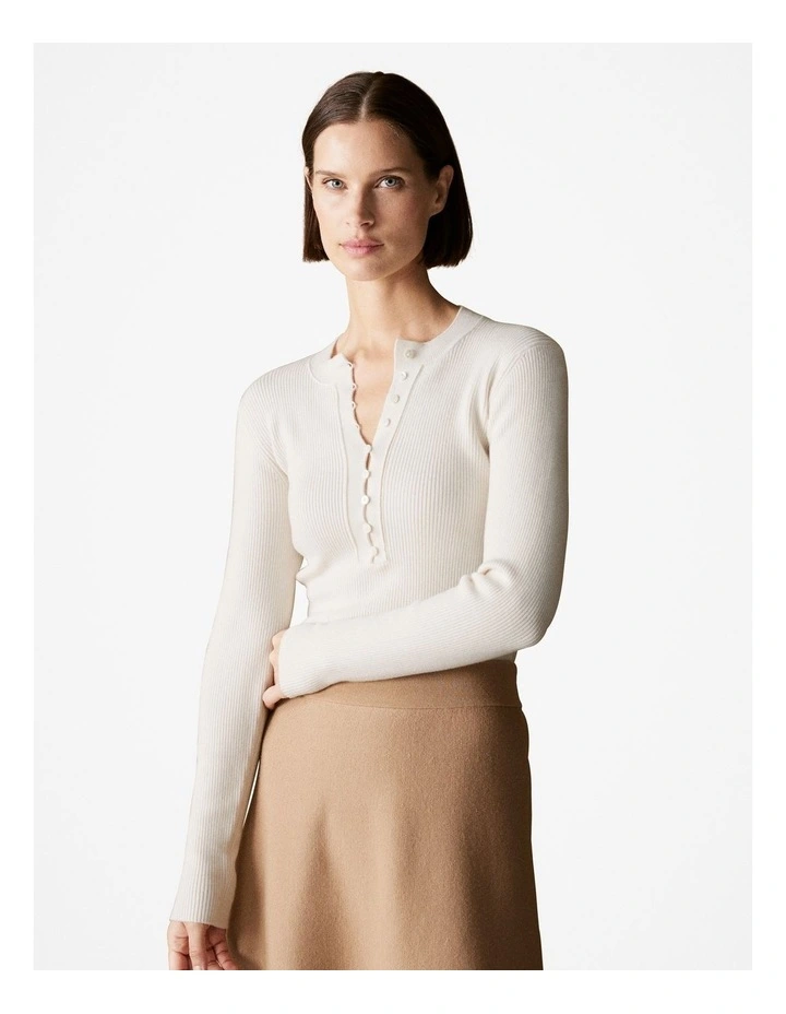 Wool Cotton Blend Rib Button Front Knit in Parchment