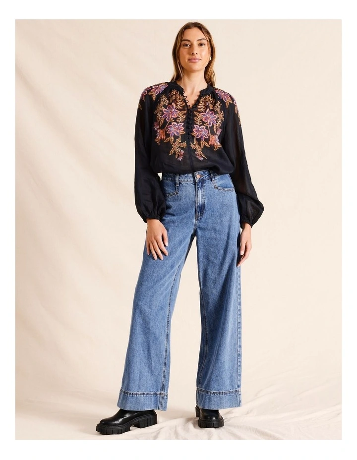 Ramie High Neck Button Blouse in Navy