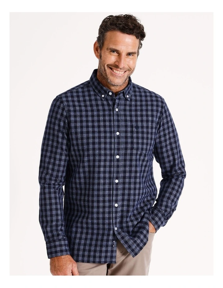Clark Textured Gingham Check Long Sleeve Shirt in Navy