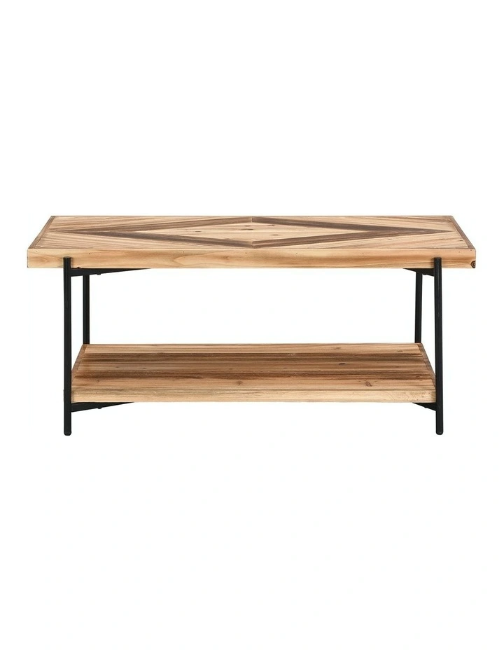 2-Tier Rectangle Metal & Fir Wood Coffee Table in Brown
