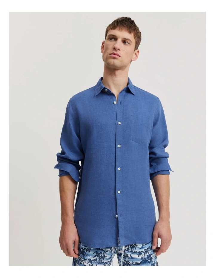 Regular Fit Organically Grown Delave Linen Shirt in Marine Blue