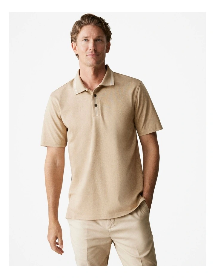 Cotton Interlock Marle Contrast Polo Shirt in Cashew