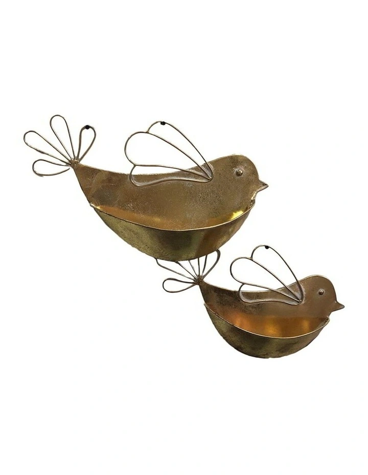 Metal Wall Bird Design Pot Planters Set of 2 in Gold