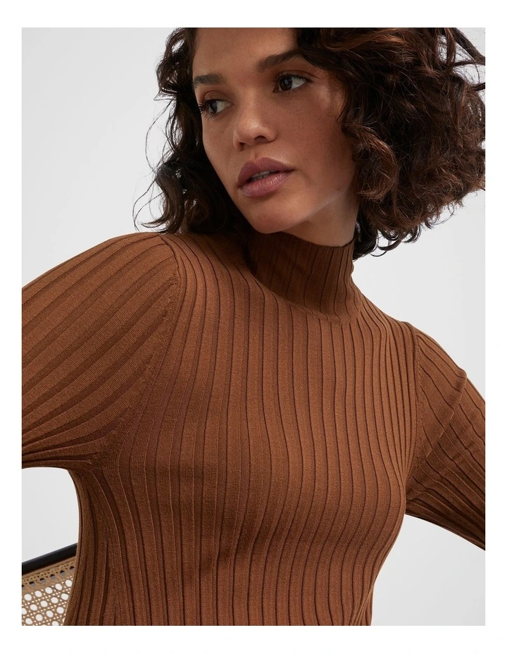 Rib Knit High Neck Dress in Spice