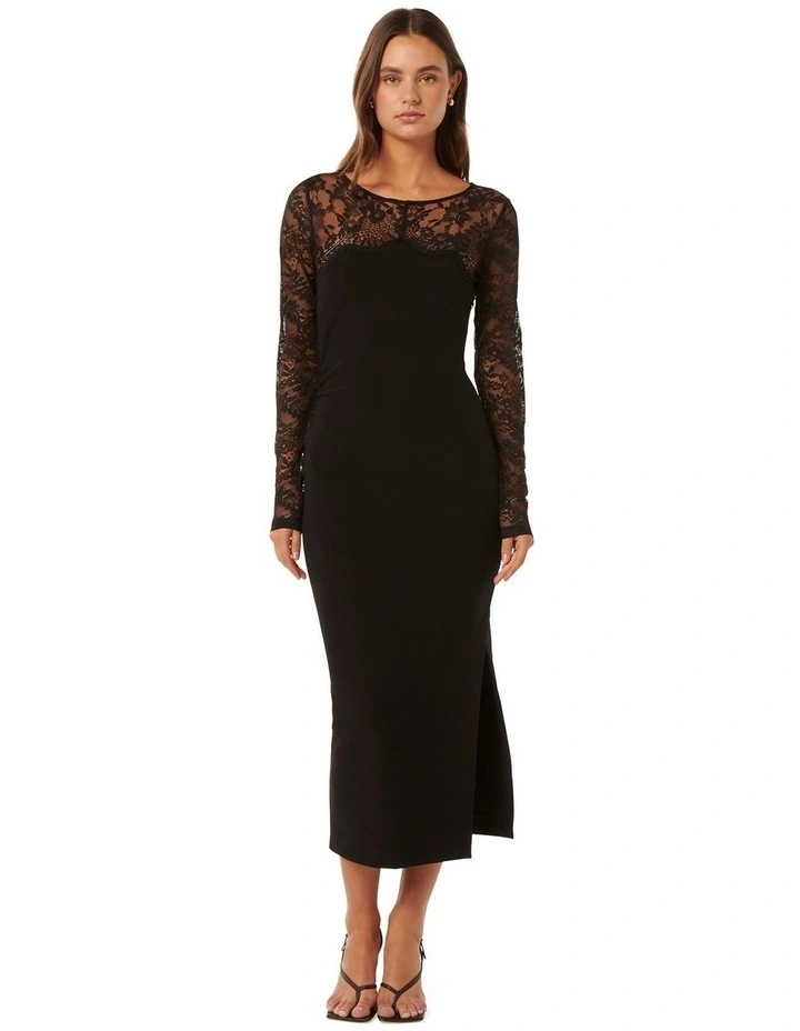 Diana Lace Detail Bodycon Midi Dress in Black