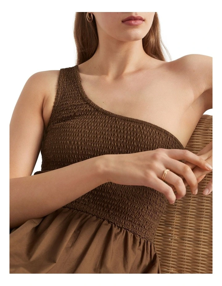 Poplin Shirred One Shoulder Maxi Dress