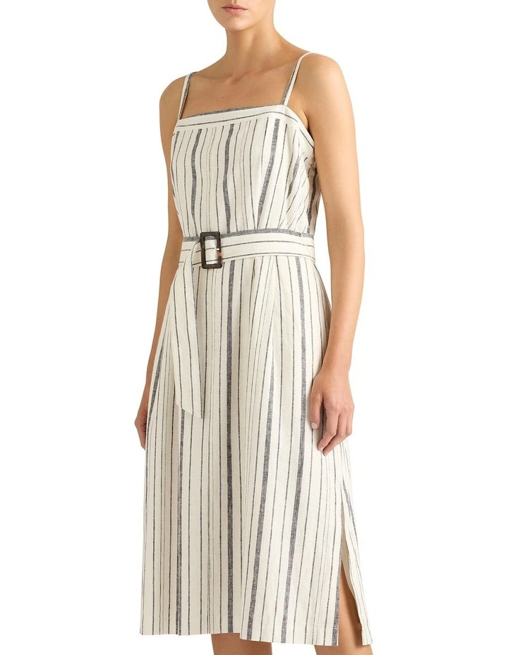 Annora Sleeveless Linen Dress in Slate Stripe
