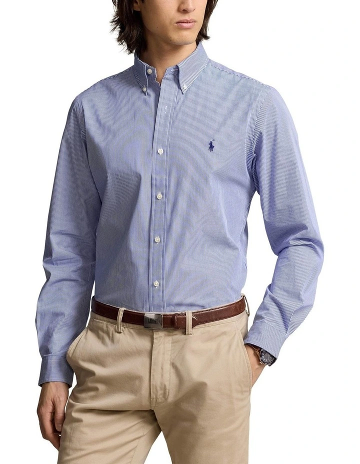 Slim Fit Striped Stretch Poplin Shirt in Blue