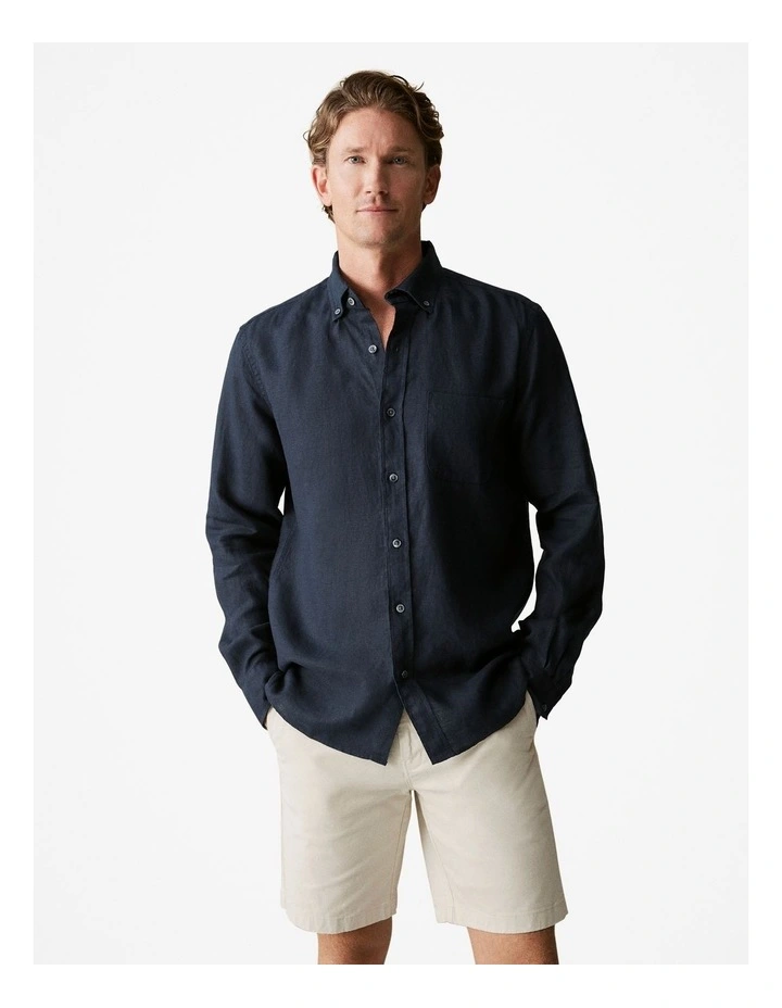 Regular Fit Linen Long Sleeve Shirt in Navy