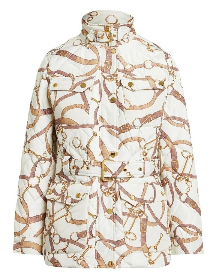 Belting-Print Diamond-Quilted Down Coat in White