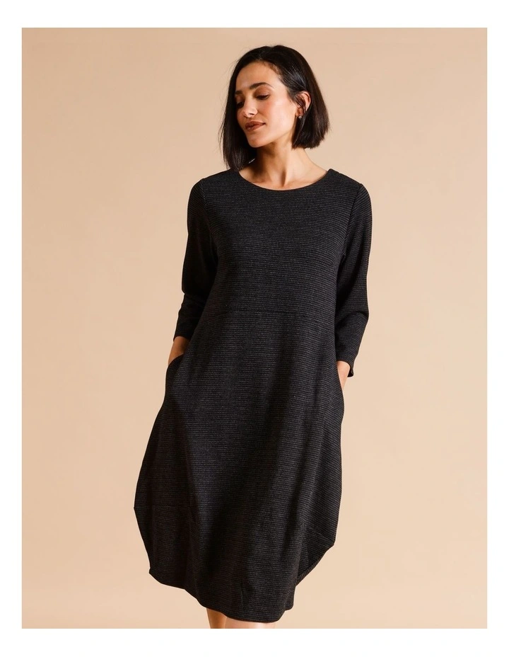 3/4 Sleeve Dart Hem Knit Dress In Black/ Charcoal Small Check